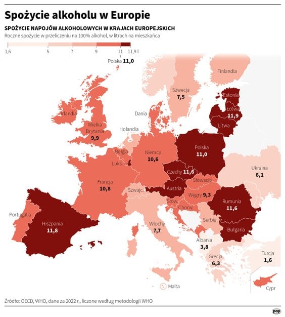 Spożycie alkoholu w Europie (dane WHO i OECD za 2022 rok)