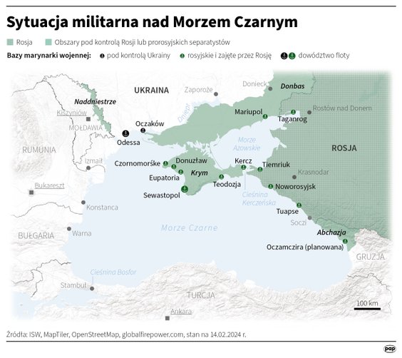 Sytuacja militarna nad Morzem Czarnym, stan na 14 lutego 2024 r.