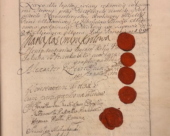 Akt podziału majątku pomiędzy synów Jana III Sobieskiego z 1698 r. z podpisem królowej Marii Kazimie