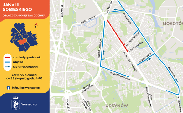 Objazdy zostaną wyznaczone aleją Wilanowską i Wiertniczą lub ulicą Nałęczowską do Powsińskiej i dale