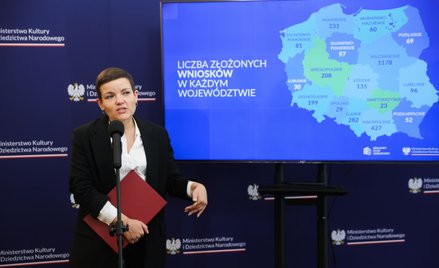 Obecna minister kultury Marta Cienkowska podczas konferencji dotyczącej wyników naboru wniosków do K