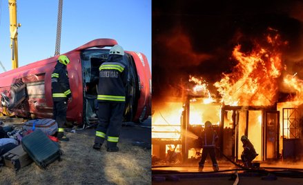 Na zdjęciach: Służby na miejscu wypadku polskiego autokaru na Węgrzech oraz pożar w Kijowie po uderz