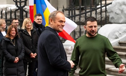 Premier Polski Donald Tusk i prezydent Ukrainy Wołodymyr Zełenski podczas spotkania w Kijowie