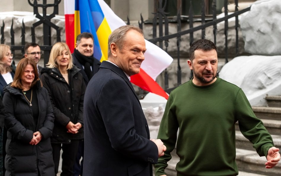 Premier Polski Donald Tusk i prezydent Ukrainy Wołodymyr Zełenski podczas spotkania w Kijowie