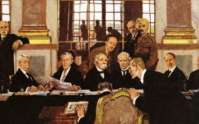 Podpisanie traktatu w Sali Lustrzanej pałacu wersalskiego 28 czerwca 1919 r.
