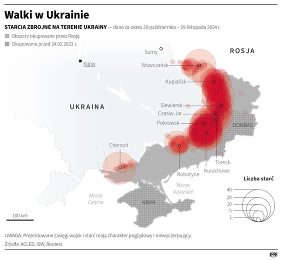 Mapa przedstawiające intensywność walk na Ukrainie w dniach 29 października - 29 listopada