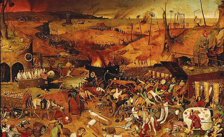 „Triumf śmierci” Pietera Bruegela pokazuje największą w dziejach Europy epidemię dżumy (1347 rok), w