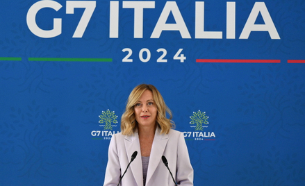 Premier Włoch Giorgia Meloni podczas konferencji prasowej po szczycie G7.