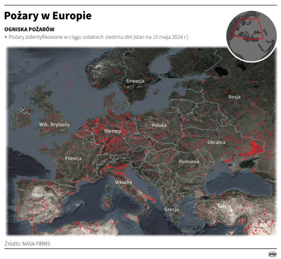Pożary w Europie w ciągu ostatnich 7 dni