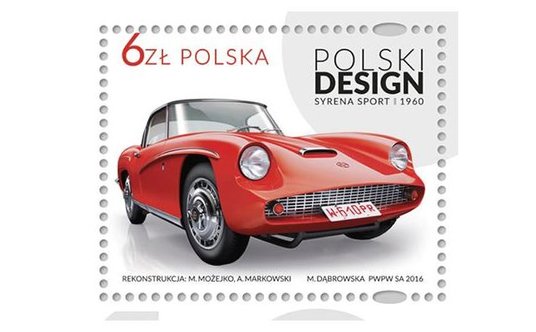 Syrena sport na znaczku z serii „Polski design”.