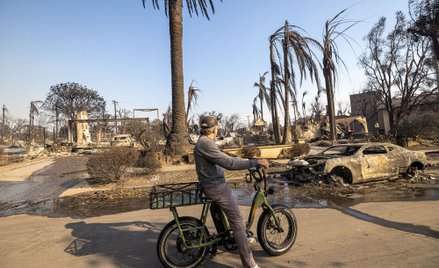 Mieszkaniec Los Angeles przygląda się zgliszczom swojego domu i samochodu po pożarach, które ogarnęł