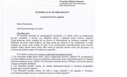 Interpelacja poznańskiego radnego PiS w sprawie łowców oragnów
