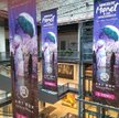 "Kobieta z parasolem" Moneta na banerach, wskazujących drogę na wystawę w Art Box Experience