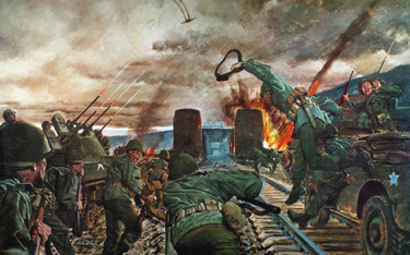 Ilustracja ukazująca brawurowy atak na most Ludendorffa na Renie. 7 marca 1945 r. most został zdobyt