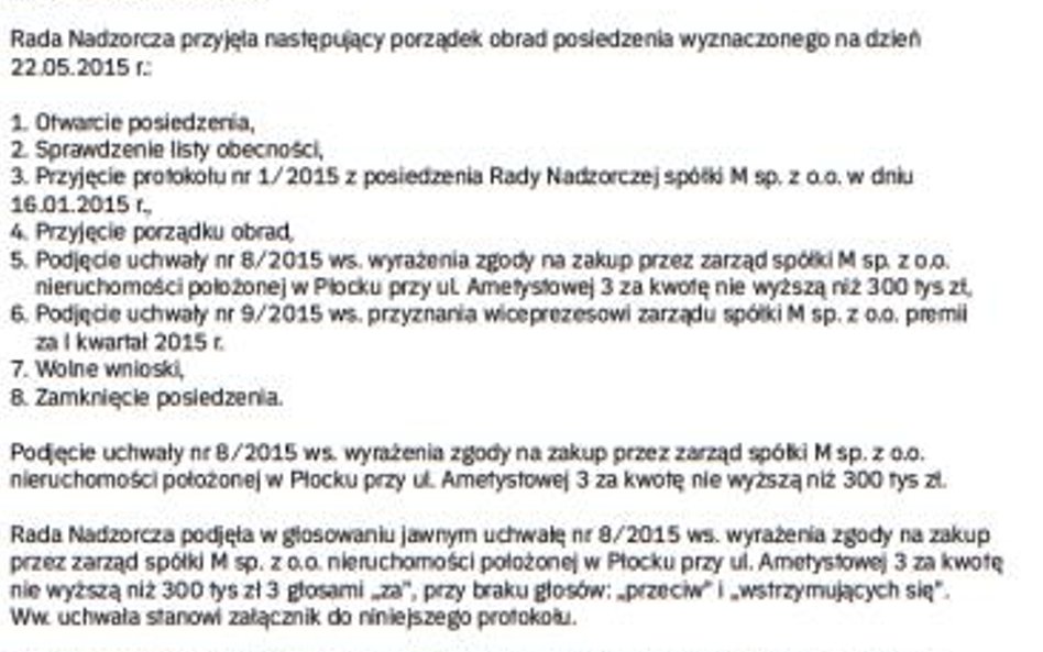 Wzór protokołu z posiedzenia rady nadzorczej