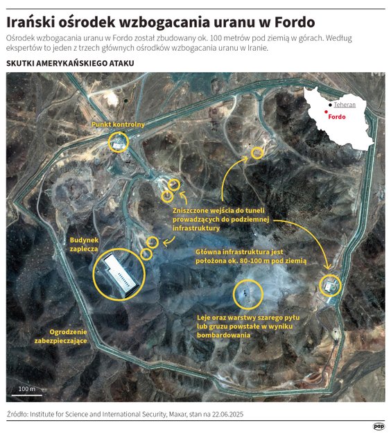 Skutki amerykańskiego ataku na ośrodek w Fordo widoczne na zdjęciu satelitarnym