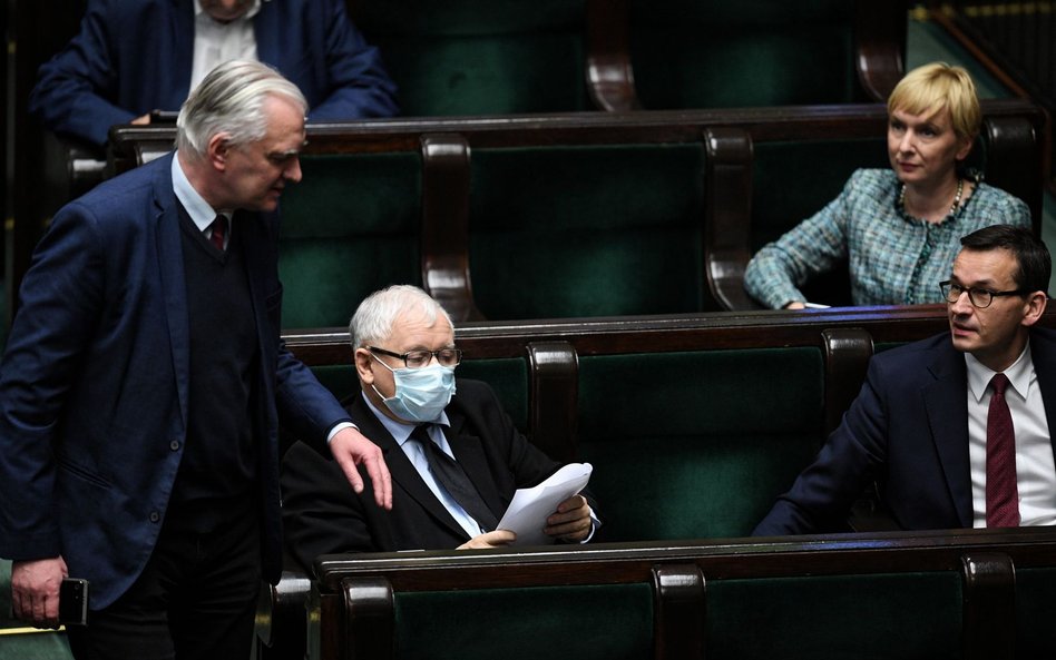 Premier Mateusz Morawiecki, prezes PiS Jarosław Kaczyński , prezes Porozumienia Jarosław Gowin