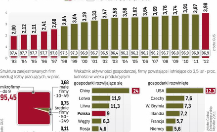 Ale udział przedsiębiorstw sektora prywatnego lekko się obniżył. Odsetek nowych inicjatyw biznesowyc