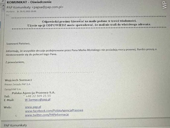 Mail jaki otrzymali pracownicy PAP