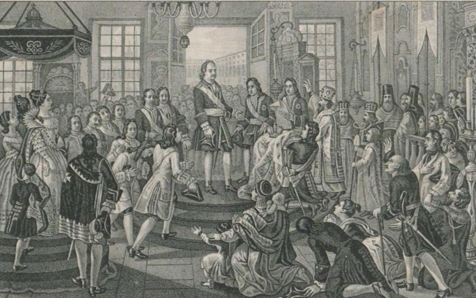 Litografia Borysa Artemjewicza Czorikowa przedstawiająca proklamowanie 22 października 1721 roku Pio