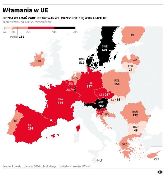 Liczba włamań zarejestrowanych przez policję w krajach UE