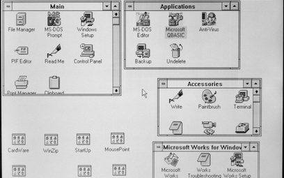 Ekran monochromatycznego laptopa Toshiba T2100 z 1995 r. z systemem Microsoft Windows 3.11