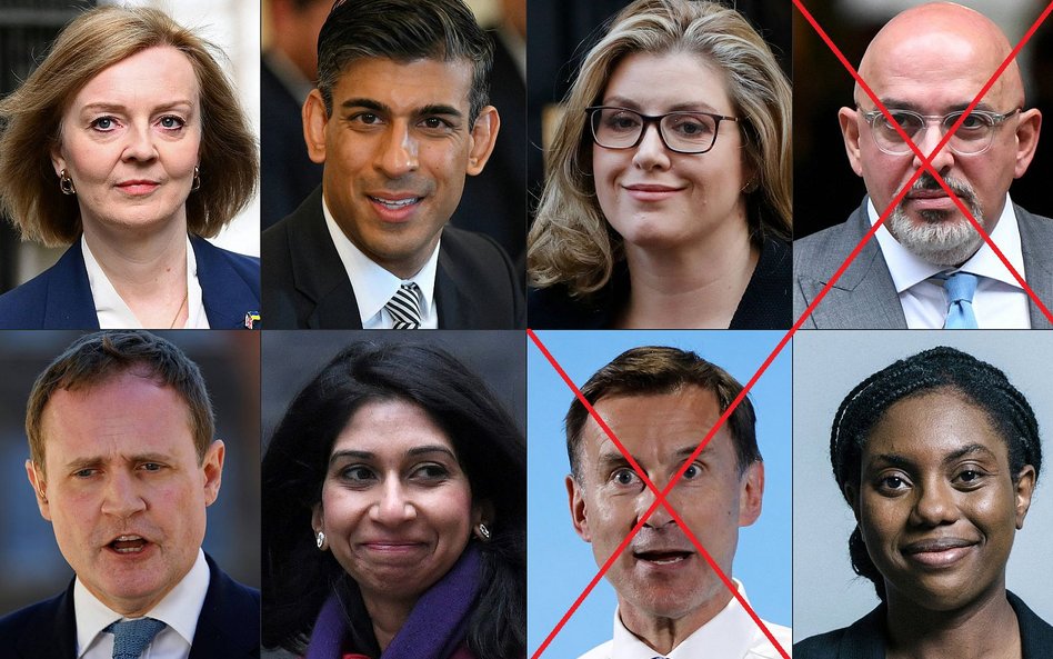 Od lewego górnego rogu:  Liz Truss, Rishi Sunak, Penny Mordaunt, Nadhim Zahawi, Tom Tugendhat, Suell