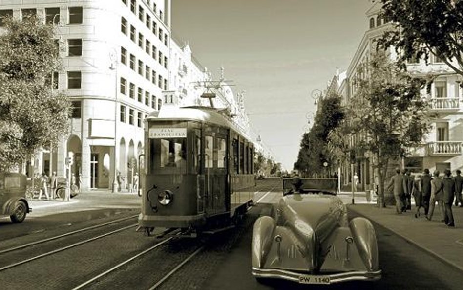 Kadr z filmu „Warszawa 1935” przedstawia skrzyżowanie ulic Marszałkowskiej i Świętokrzyskiej