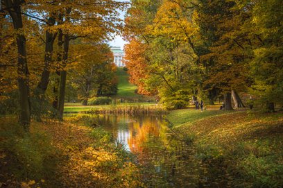 Łazienki Królewskie jesienią, widok na Belweder