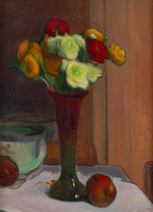 „Wazon z kwiatami i jabłka” Władysława Ślewińskiego obraz z estymacją 500000–800000 PLN.