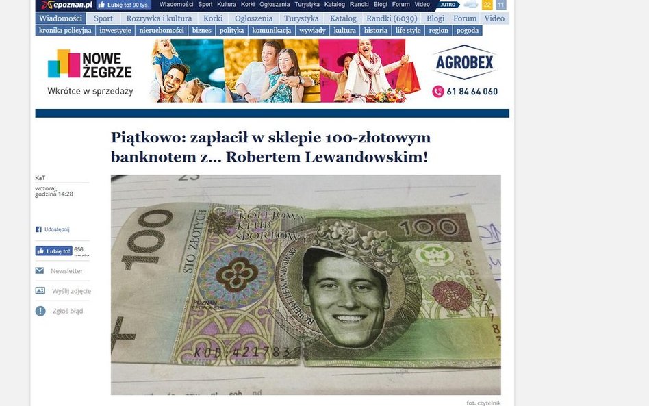 Robert Lewandowski na fałszywym banknocie