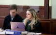 Oskarżony Sebastian M. (L) oraz jego pełnomocniczka mec. Katarzyna Hebda (P) podczas rozprawy w Sądz