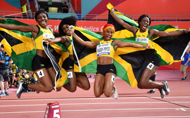 Złota sztafeta Jamajki 4x100 m. Na pierwszym planie Shelly-Ann Frazer-Pryce, najszybsza kobieta świa