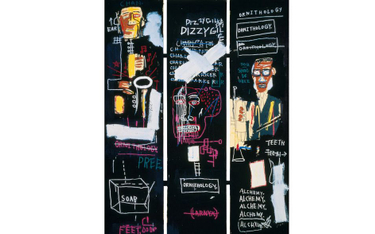 ?Jean-Michel Basquiat, „Grający na rogu”, 1983, akryl, olej na płótnie Douglas M. Parker Studio, Los