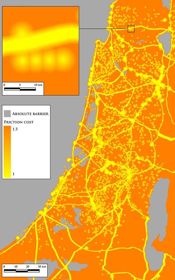 Względne koszty transportu z barierami absolutnymi, z uwzględnieniem sieci osadniczej i drogowej we 
