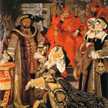 Królowa Katarzyna Aragońska błaga króla Henryka VIII o rezygnację z rozwodu. W tle widać dwóch kardy