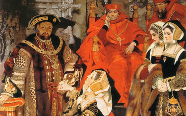 Królowa Katarzyna Aragońska błaga króla Henryka VIII o rezygnację z rozwodu. W tle widać dwóch kardy