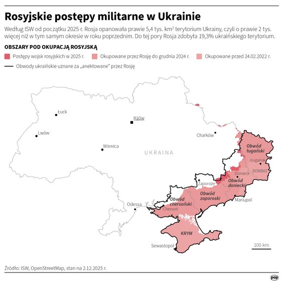 Terytorium Ukrainy kontrolowane przez Rosję, stan na 2 grudnia (MAPA)