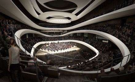 Wizualizacja nowej sali koncertowej Warszawy dla orkiestry Sinfonia Varsovia. Projekt austriackiego 