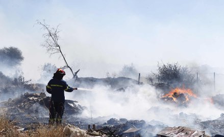 Strażak gasi pożar w miejscowości Kitsi, na południe od Aten, 19 czerwca 2024 r.