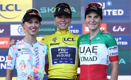 Zwyciężczynie Tour de France: (od lewej) Katarzyna Niewiadoma-Phinney, Demi Vollering i Elisa Longo 