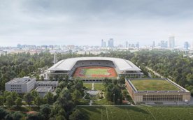 Wizualizacja z lotu ptaka na stadion lekkoatletyczny Skra z halą sportową