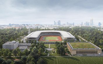Wizualizacja z lotu ptaka na stadion lekkoatletyczny Skra z halą sportową