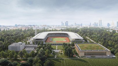 Wizualizacja z lotu ptaka na stadion lekkoatletyczny Skra z halą sportową