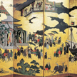 Przyjazd Portugalczyków do Japonii. Dekoracja na zasłonie, przedstawicielka sztuki nanban, czyli tej