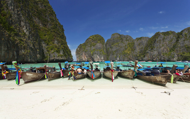 Tradycyjne tajskie łodzie typu longtail zacumowane na plaży Maya Bay
