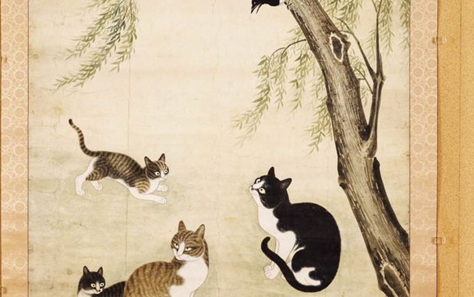 Sroki i koty pod wierzbą – zwój pionowy Joseon, XVII w. papier, tusz, farby