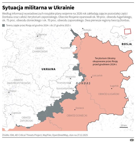 Rosyjskie zdobycze w Donbasie, a także w obwodach zaporoskim i chersońskim od grudnia 2024 do grudni