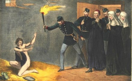 Litografia barwna przedstawiająca odkrycie Barbary Ubryk w Klasztorze Sióstr Karmelitanek Bosych w K