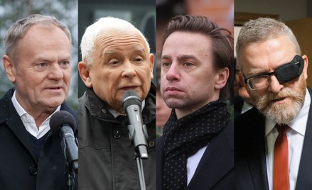Donald Tusk, Jarosław Kaczyński, Krzysztof Bosak i Grzegorz Braun